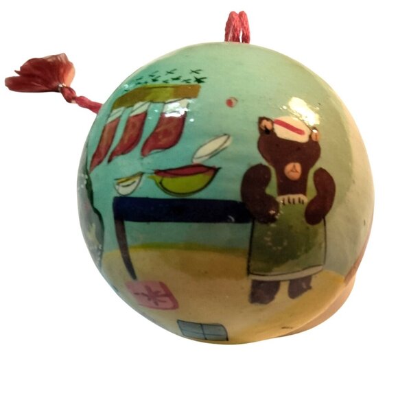 Christmas Ornament Creepy Bear Family Scene Vintage Hand Painted Folk Art - Picture 1 of 10